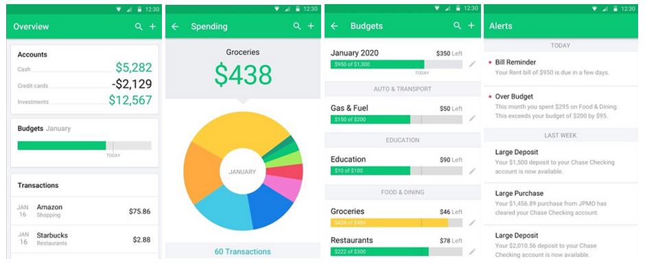 Screens from the Mint budgeting app