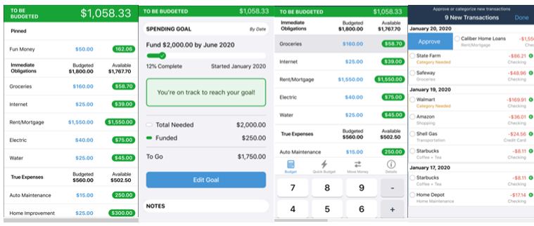 Screens from the YNAB budgeting app